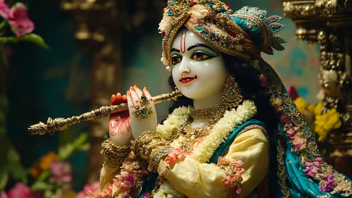 Highly ornamented Krishna idol with flute in shallow-depth lighting