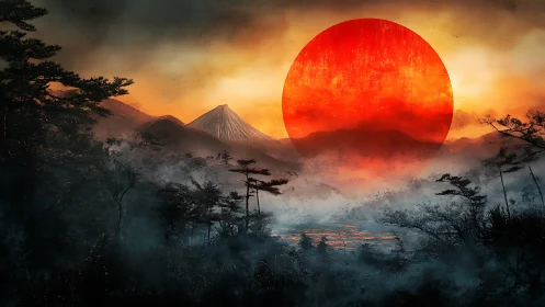 Molten red sun rises over misty mountains in dramatic silence
