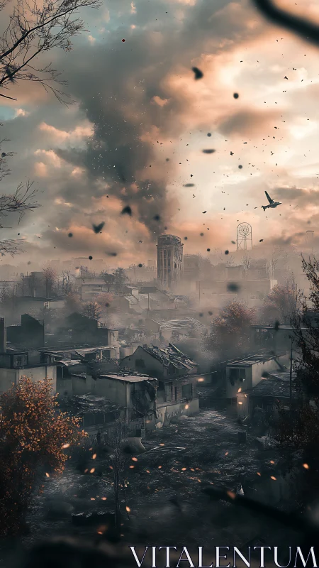 Smoke-torn skyline over a war-ravaged autumn cityscape.