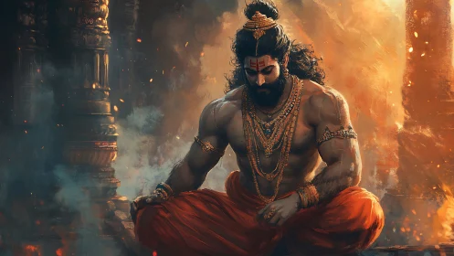 Firelit warrior yogi in molten-temple meditation trance.