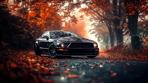 Muscle car glides through cinematic autumn forest road.