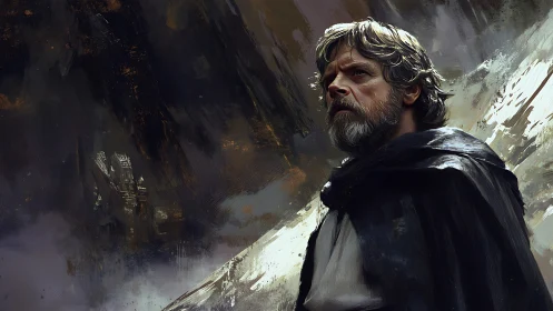 Older robed figure stands before abstract rugged backdrop