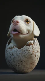 Puppy hatches from speckled egg in playful 3D fantasy