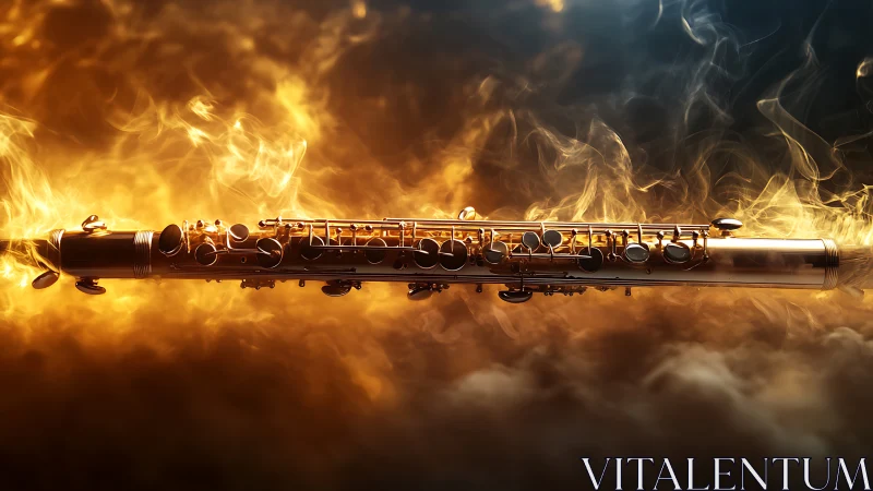 Burning clarinet suspended in dramatic fiery smoke clouds.