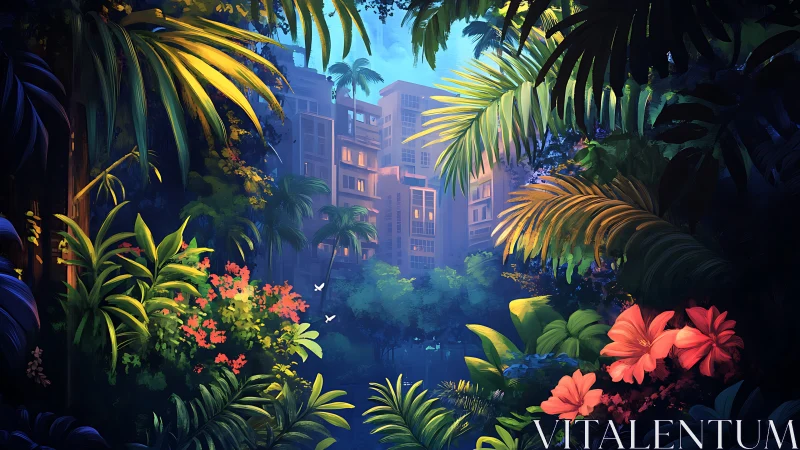 Urban jungle window, where neon city hum meets lush bloom.