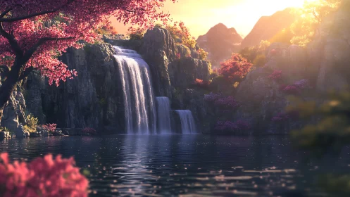 Digital painting of sunlit cherry falls in tranquil valley.
