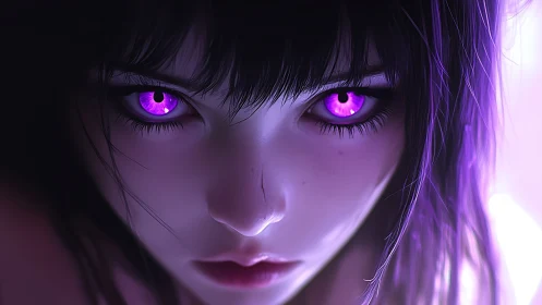 Digital portrait with glowing violet eyes in close focus.