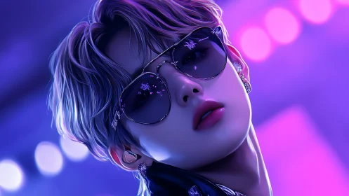 Neon-lit pop star portrait in dreamy violet glow.