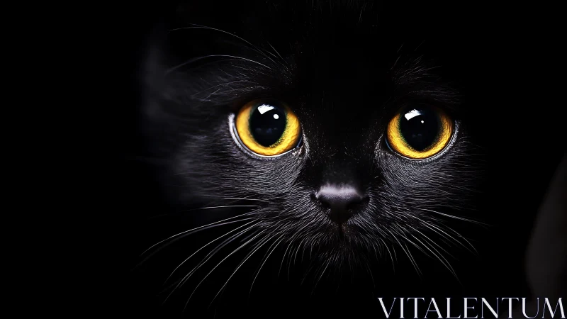 Black Cat with Golden Eyes Against Dark Background.