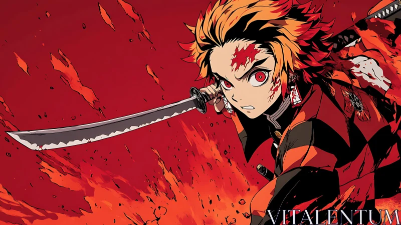 Stylized swordsman advances through red flame background