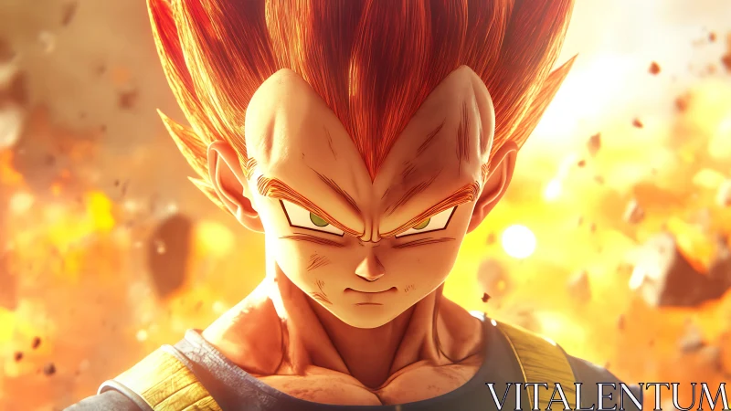 Anime warrior with spiked hair stands amid fiery explosion