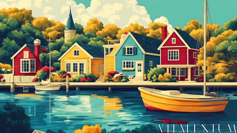 Waterfront houses and boats under trees in stylized daylight.