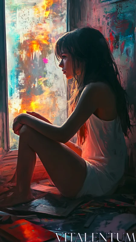 Side-lit seated figure positioned beside abstract window surface