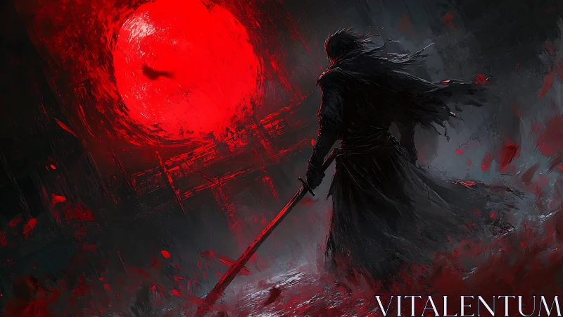 Lone swordsman silhouette under oversized crimson eclipse