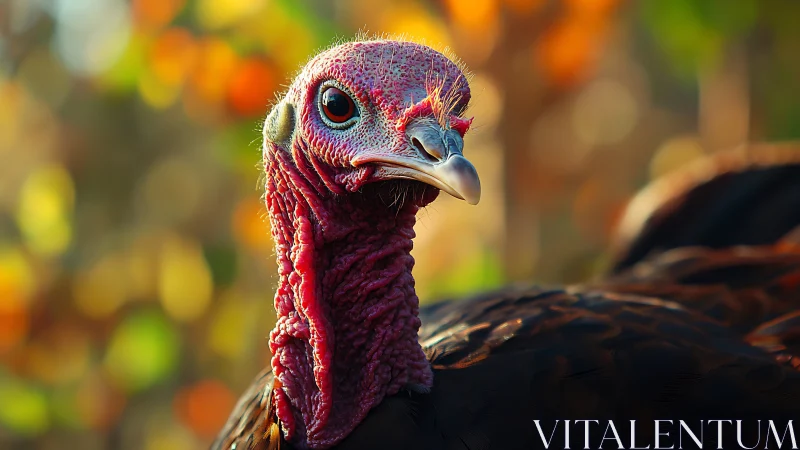 Crimson Wild Turkey Portrait in Dappled Autumn Glow.