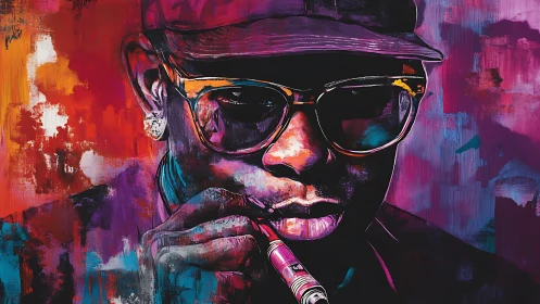 Urban portrait immersed in neon magenta painterly light.