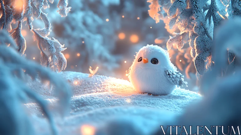 Snow-soft owl chick guarding a pocket of winter starlight.