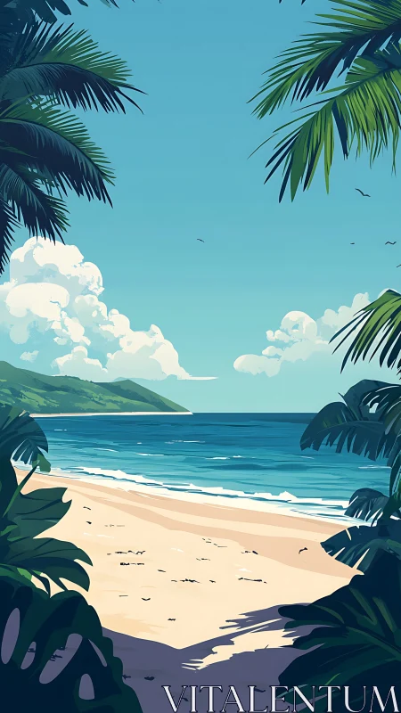 Tropical beach landscape with palm fronds and blue ocean under clear sky.