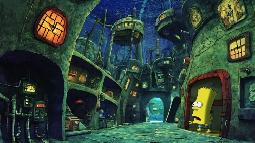 Bart stands in flooded sci fi alley of curved buildings