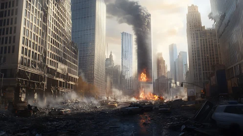 Burning skyscraper dominates post-apocalyptic urban corridor scene