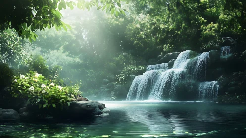 Sunlit jungle waterfall hums softly over glassy emerald pool