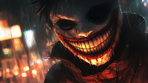 Sinister grinning figure burns through rain‑soaked neon night