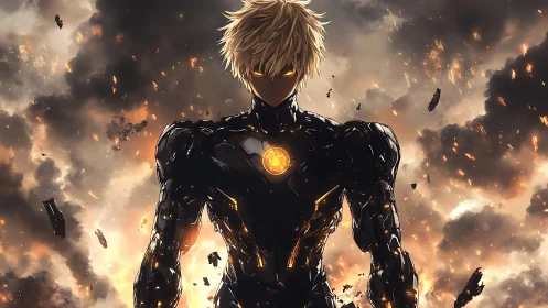 Cyborg figure stands amid explosive clouds and flying debris