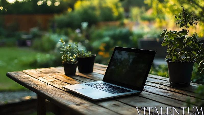 Open laptop on rustic garden table at peaceful sunset.