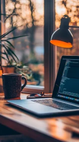 Sunset-lit workspace frames coding laptop and coffee mug.