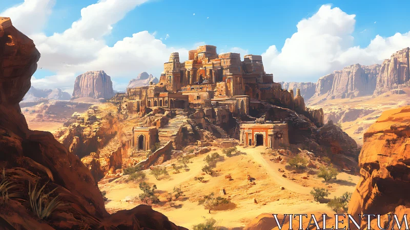 Sunlit desert citadel carved into ancient sandstone cliffs.