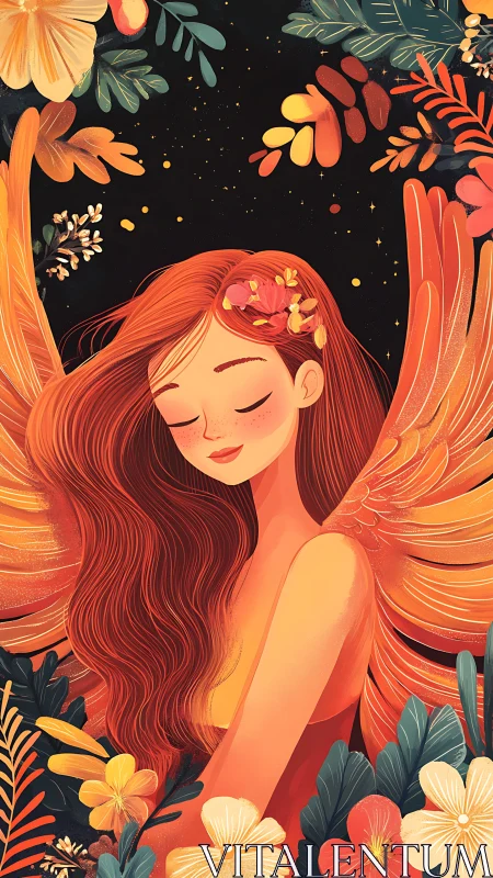 Sunset winged muse dreaming in a garden of glowing petals.