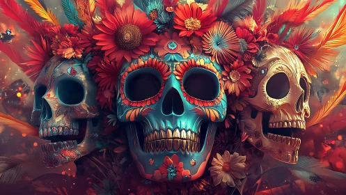 Vibrant sugar skull triptych integrates florals in ornate symmetry
