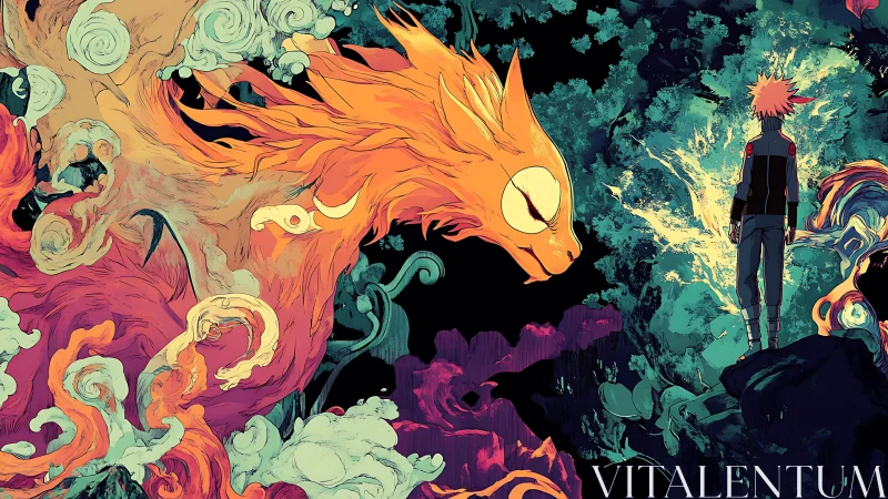 Blazing spirit fox confronts lone hero in swirling neon dusk.