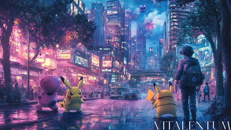 Neon city stroll with Pikachu and friends under glowing skies.
