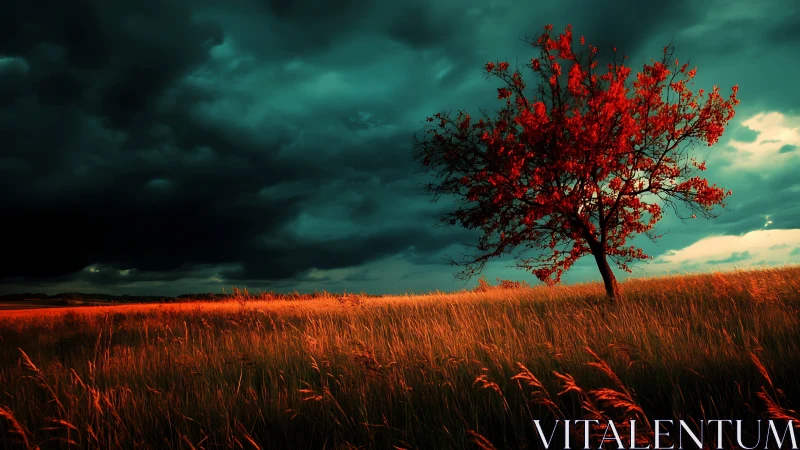 Solitary red tree in slanted field under storm clouds.