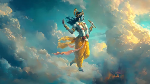 Divine blue-skinned figure levitating amid volumetric lit clouds