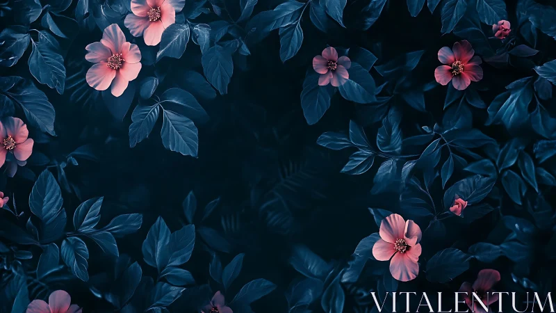Pink Blossoms Against Deep Teal Foliage in Botanical Composition.