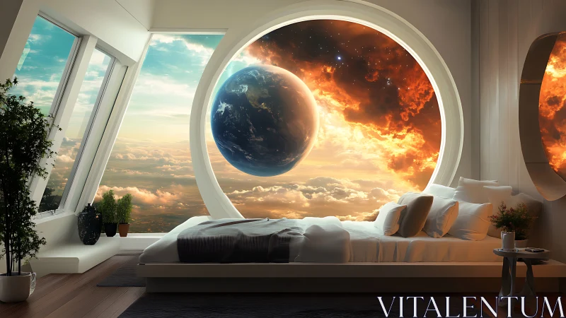 Futuristic bedroom with cosmic planet window view at dawn.