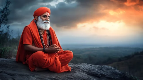 Elderly monk in orange robes under dramatic sunset sky, contemplative