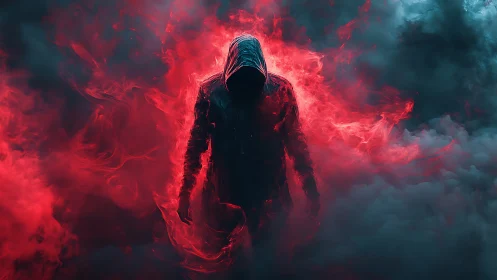 Mysterious hooded figure walking through glowing red mist.