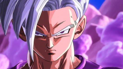 White‑haired manga character in intense frontal close‑up.