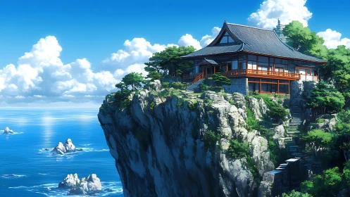 Clifftop Japanese villa above bright cerulean coastal seascape
