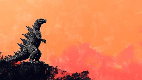 Kaiju silhouette dominates fiery abstract horizon.