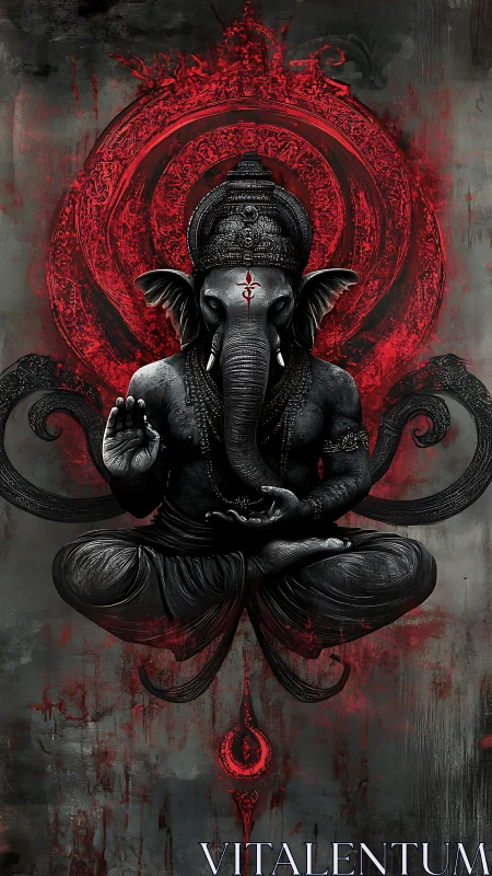 Elephant headed deity sits meditating before red mandala