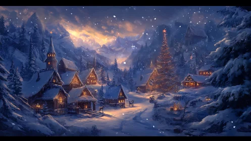 Nocturnal alpine village with illuminated festive tree centerpiece.