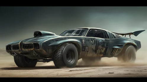 Postapocalyptic muscle car powers through desert dust storm.