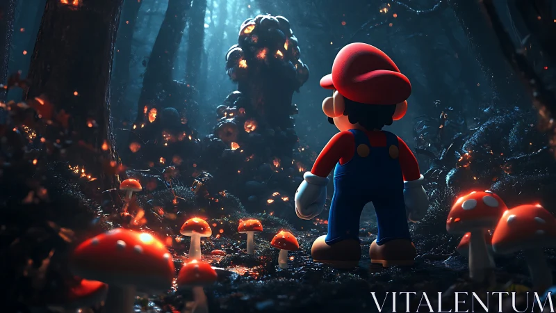Heroic plumber explores glowing mushrooms in eerie forest