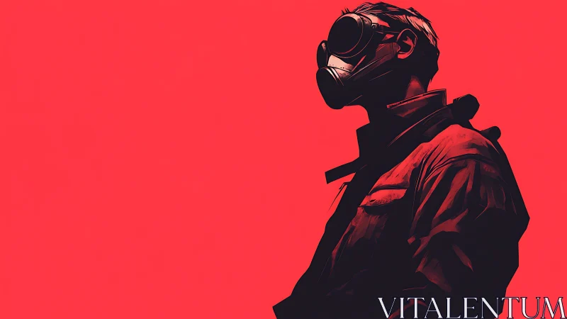 Gas mask figure against stark red minimal backdrop.