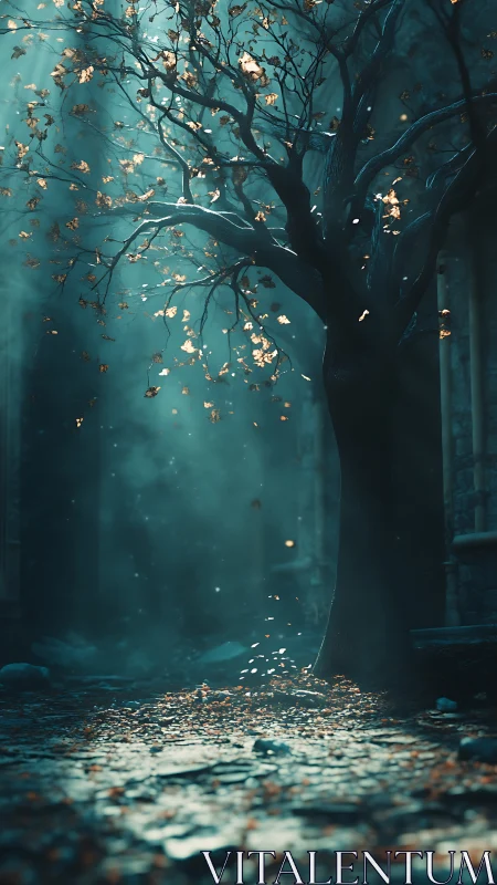 Volumetric-lit courtyard tree with drifting foliage and wet cobblestones