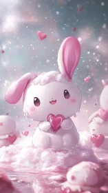 Cotton-candy bunny avatar holding luminous heart core object.